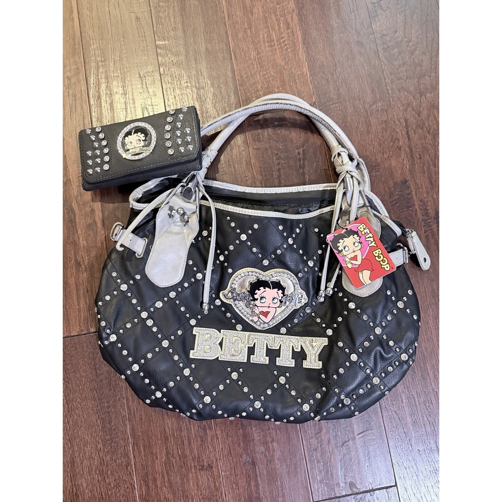 Betty Boop Rhinestone Studded Handbag Purse & Matching Wallet Set Black